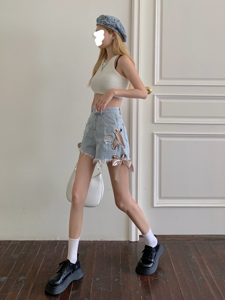 Ribbon Bow High Waist Denim Shorts
