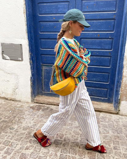 Rainbow Stripe Crochet Loose Cardigan