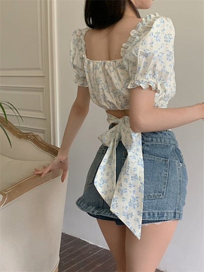 Blue Floral Bandage Puff Sleeve Square Collar Top