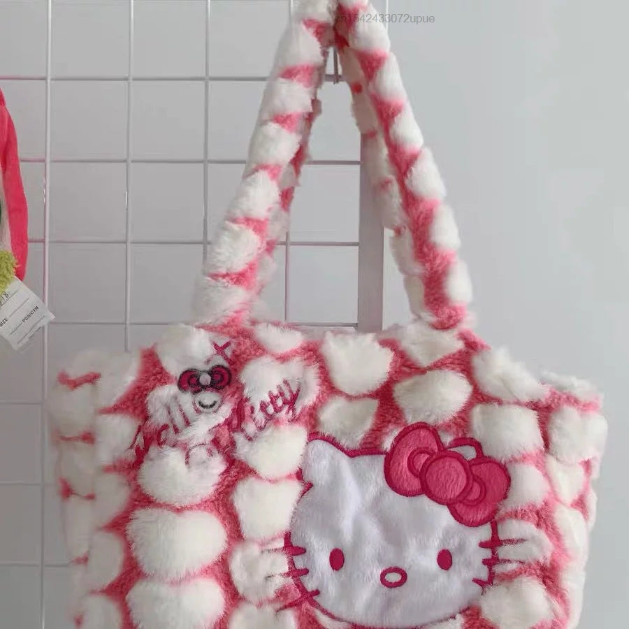 Cute Sweet Pink Kitty Cat Love Heart Plush Shoulder Messenger Bag Purse Aesthetic Casual Summer E-Girl Kawaii Korean Japanese Harajuku