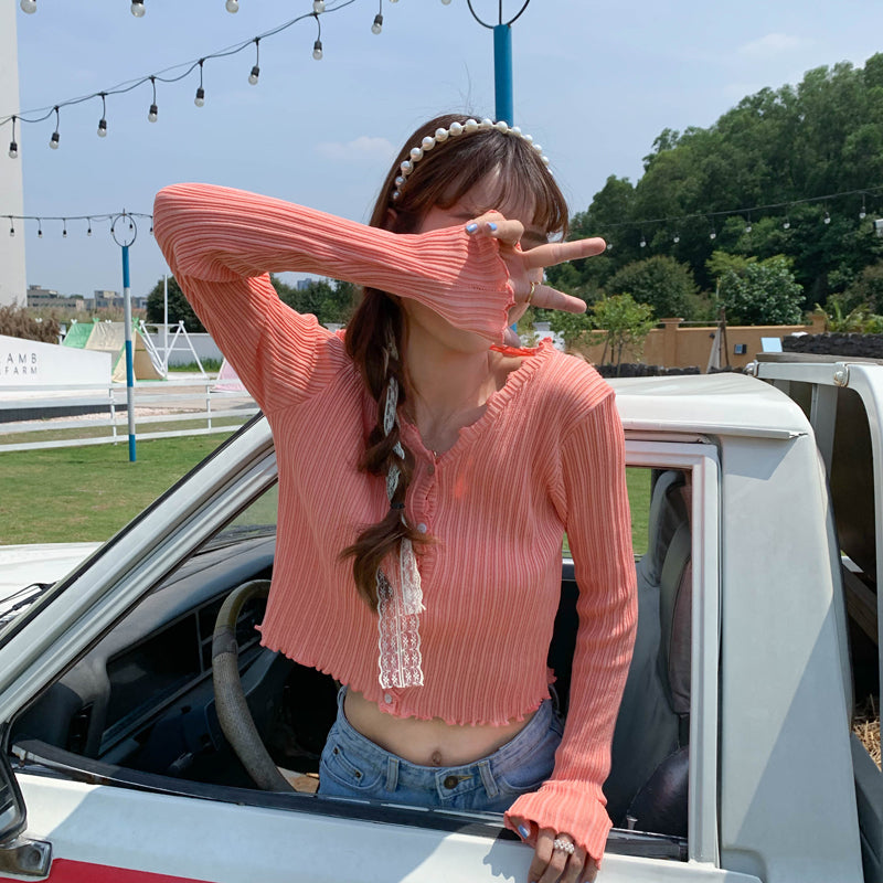 Cute V Neck Knit Casual Thin Sweater Cardigan Shirt Tee T-shirt E-Girl Kawaii Korean Japanese Harajuku Chinese Retro Streetwear