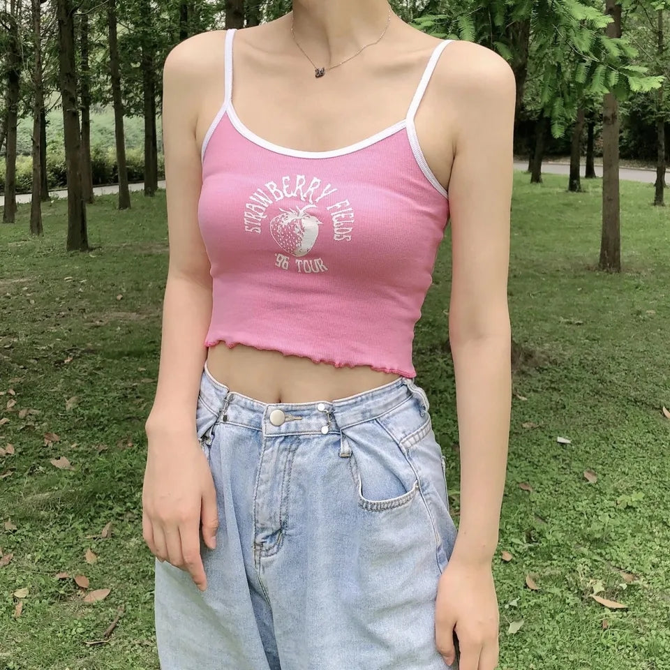 Strawberry Frill Print Patchwork Tank Top
