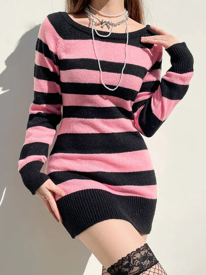 Pink & Black Stripe Off Shoulder Knit Dress