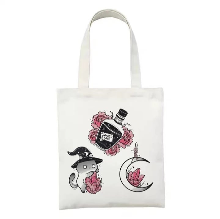 Cute Cat Witch Magic Print Reusable Shopping Tote Bag Canvas Tote Shoulder Bag Aesthetic Casual E-Girl Kawaii Korean Japanese Harajuku
