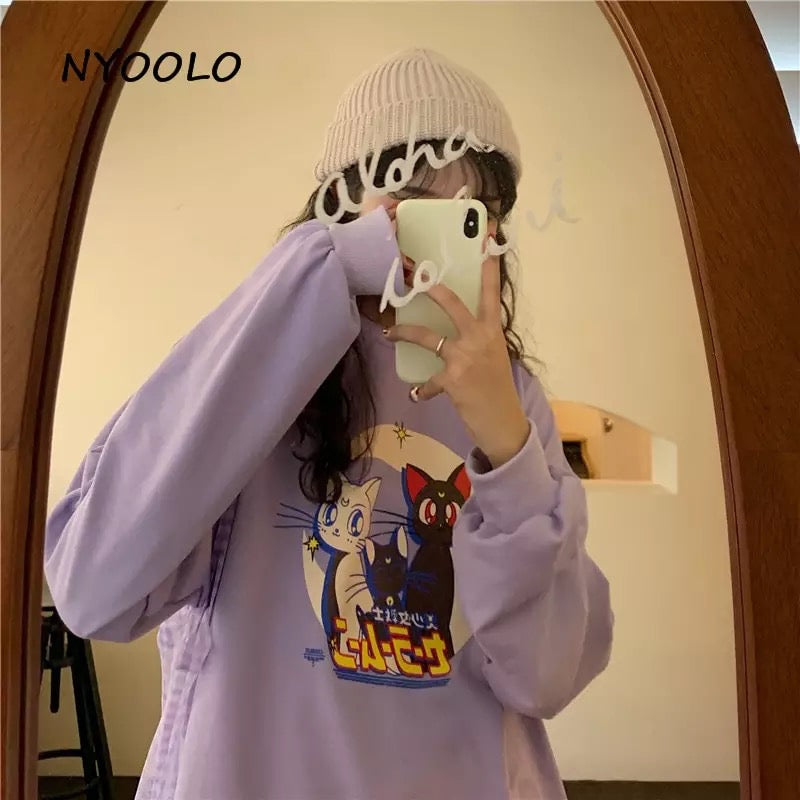 Japanese Anime Girl Cat Cartoon Print Hoodie