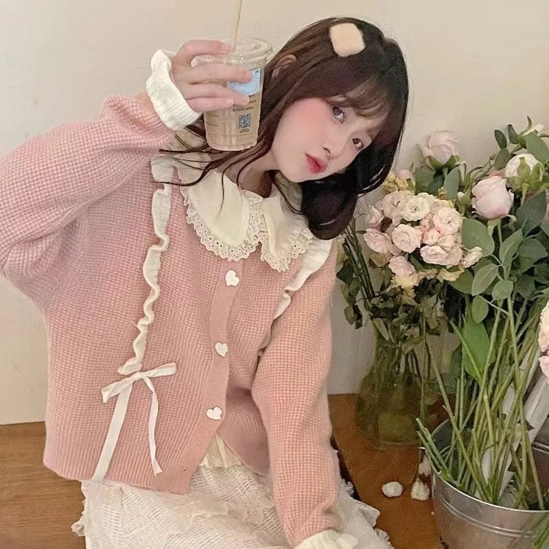 Pink Lace Up Ruffle Sweater
