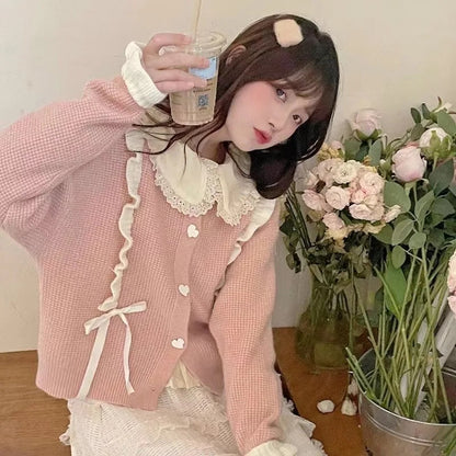 Pink Lace Up Ruffle Sweater