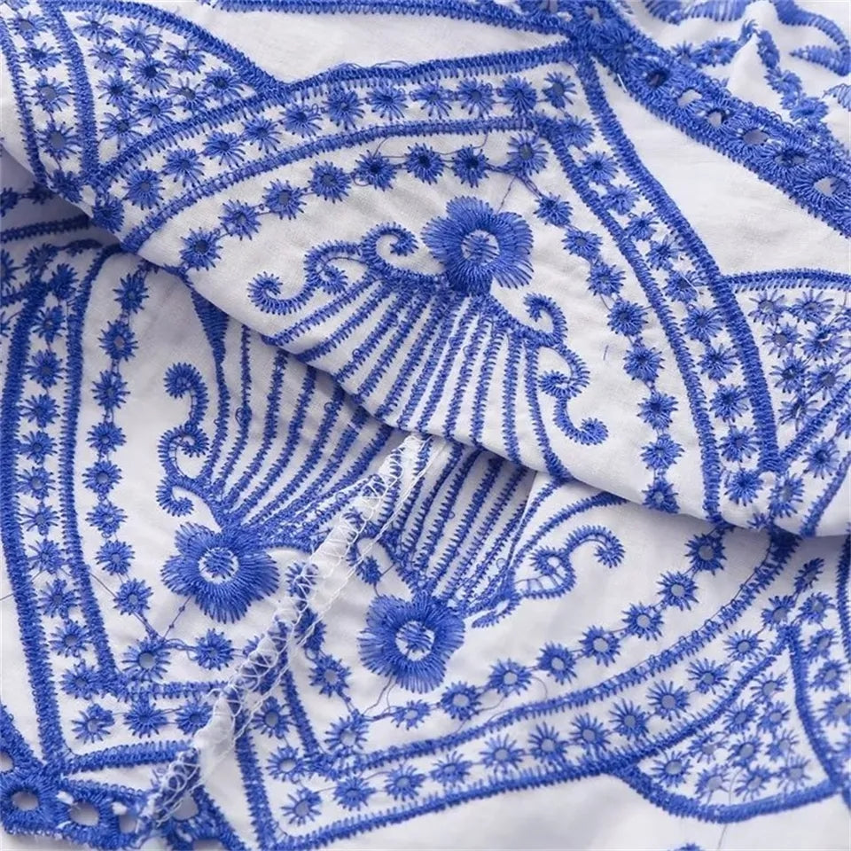 Blue Flower Embroidery Pleated Mini Skirt