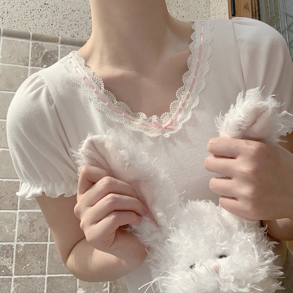 Lace Trim Bow V Neck Puff Short Sleeve Shirt