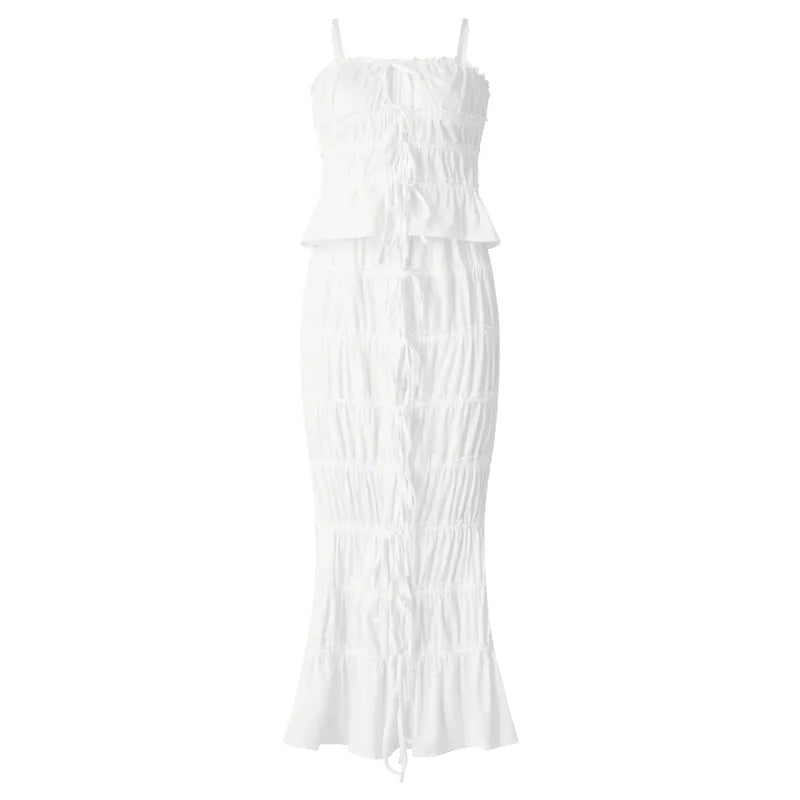 2PCS White Ruffle Camisole + High Waist Long Skirt