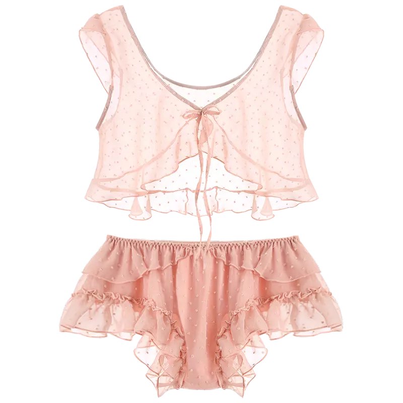 Pink Polka Dot Lace Sleep Dress Lingerie Sleepwear Pajama Set Loungewear Summer Aesthetic Casual E-Girl Kawaii Korean Japanese Harajuku