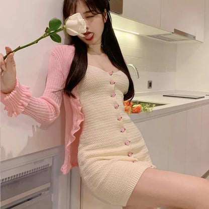 2PCS Rose Button Knit Dress + Cardigan