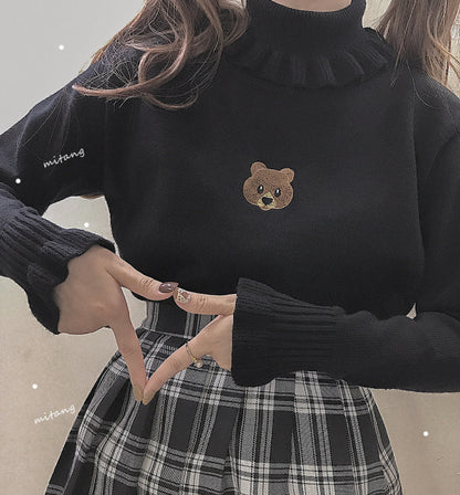 Cute Bear Embroidery Turtleneck Vintage Sweater High Neck Ruffle Pullover Long Sleeve Knit E-Girl Kawaii Korean Japanese Harajuku Streetwear