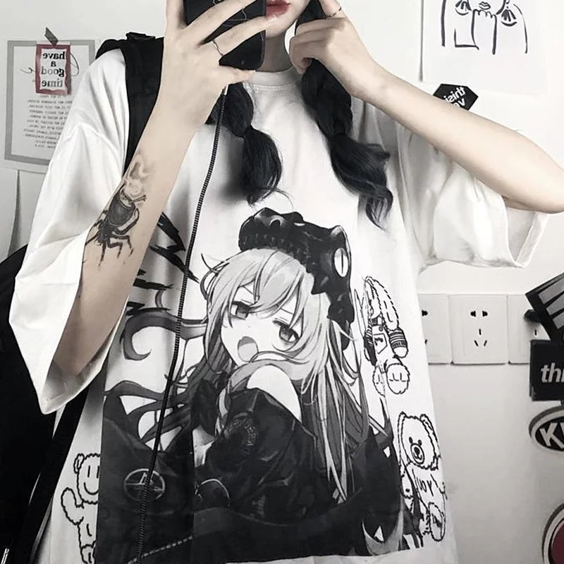Cute White Anime Girl Graphic Print Loose Short Sleeve Shirt Goth Punk Aesthetic Casual E-Girl Kawaii Korean Japanese Harajuku