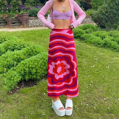 Cute Vintage Red Flower High Waist Print Beach Long Skirt Wrap Sexy Aesthetic Casual Summer E-Girl Kawaii Korean Japanese Harajuku