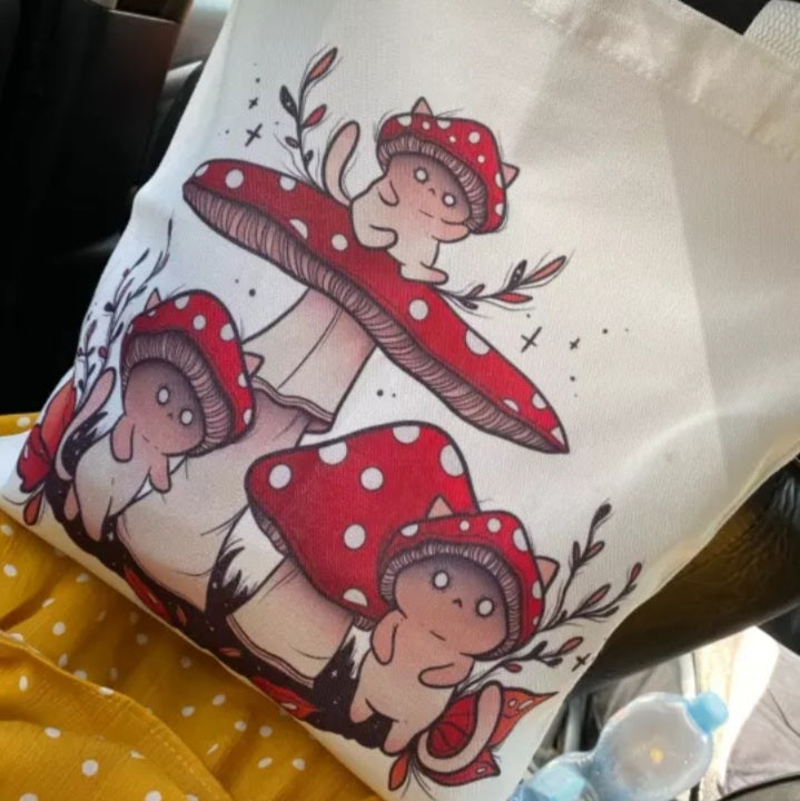 Cute Cat Ghost Mushroom Print Reusable Shopping Bag Canvas Tote Bag Shoulder Bag Aesthetic Casual E-Girl Kawaii Korean Japanese Harajuku