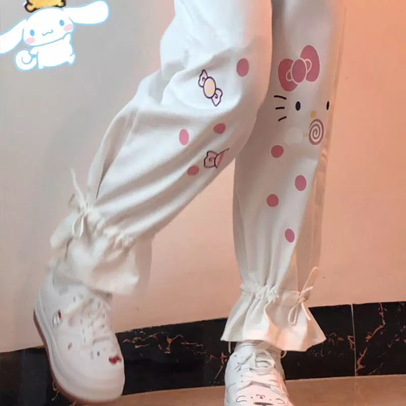 Cute White Kitty Cat Cartoon Print High Waisted Straight Pants Trousers Aesthetic Casual Summer E-Girl Kawaii Korean Japanese Harajuku
