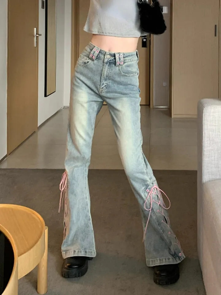 Pink Lace Up High Waist Flare Pants