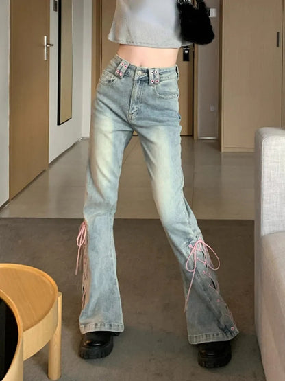 Pink Lace Up High Waist Flare Pants