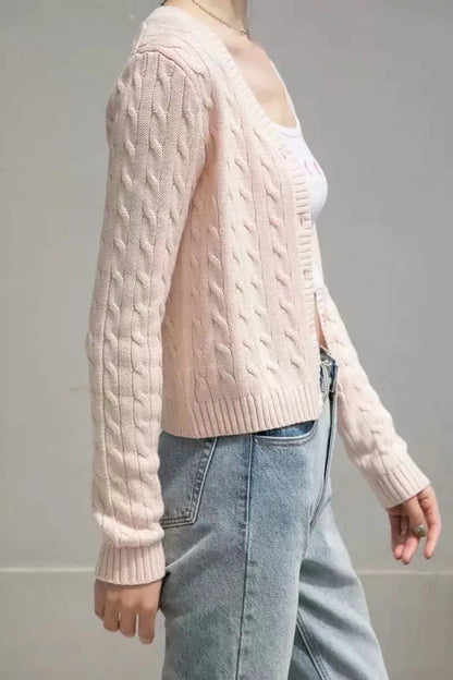 Pink Cable Knit Button Up Cardigan