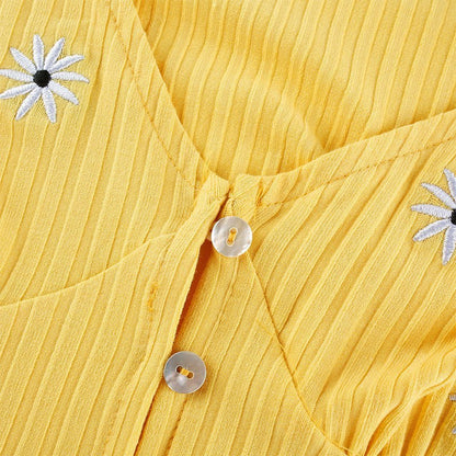 Cute Yellow Flower Embroidery Button V Neck Short Sleeve Shirt Crop Top Cardigan Summer Aesthetic E-Girl Kawaii Korean Japanese Harajuku Streetwear