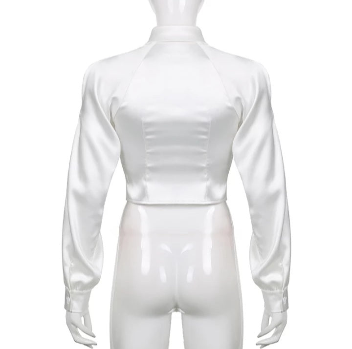 Cute White Silk Hollow Out Collar Cropped Top Long Sleeve Shirt Blouse Elegant Aesthetic Casual E-Girl Kawaii Korean Japanese Harajuku