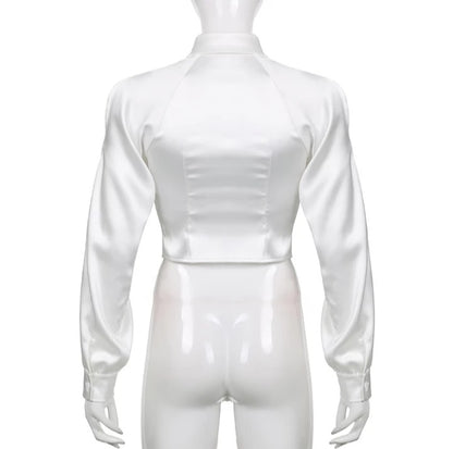 Cute White Silk Hollow Out Collar Cropped Top Long Sleeve Shirt Blouse Elegant Aesthetic Casual E-Girl Kawaii Korean Japanese Harajuku