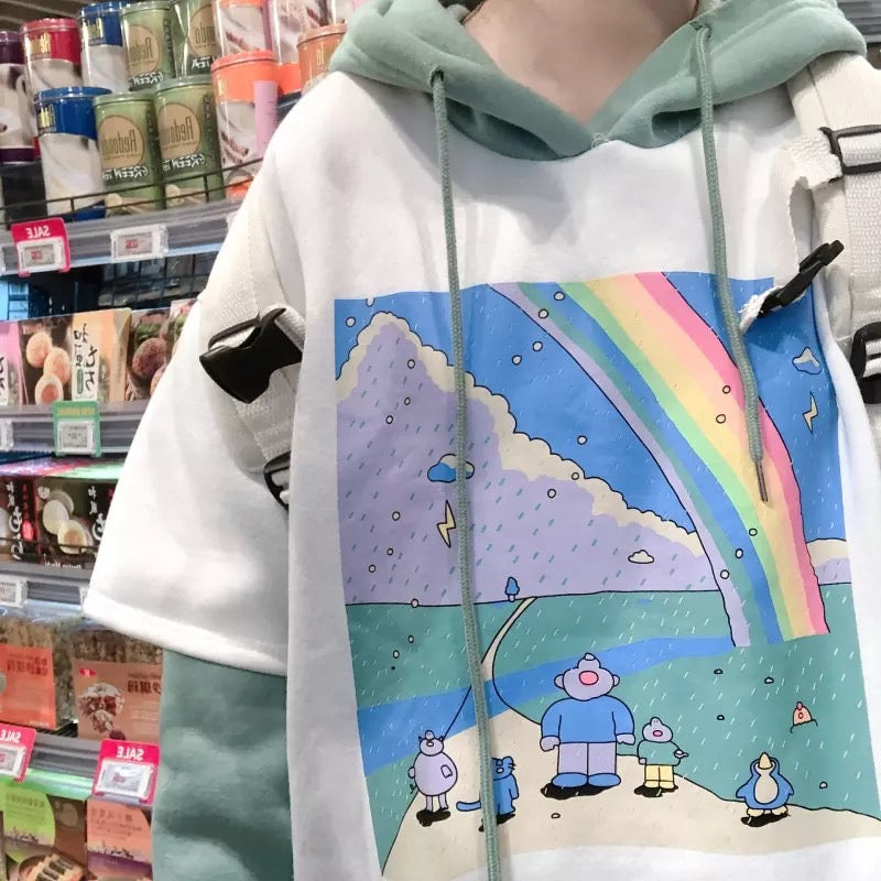 Rainbow Cartoon Print Hoodie Patchwork Loose Drawstring Sweatshirt Sweater Long Sleeve Pullover E-Girl Kawaii Korean Japanese Harajuku Streetwear