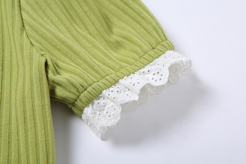 Cute Green Ribbed 2PCS Set Square Collar Puff Sleeve Lace Short Sleeve Crop Top Skirt Summer Party E-Girl Kawaii Korean Japanese Harajuku Streetwear