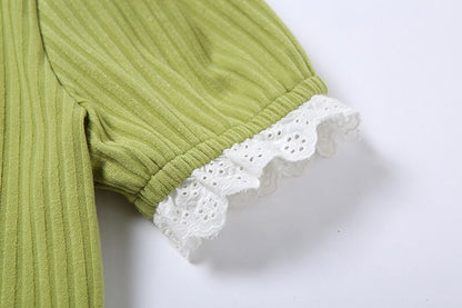 Cute Green Ribbed 2PCS Set Square Collar Puff Sleeve Lace Short Sleeve Crop Top Skirt Summer Party E-Girl Kawaii Korean Japanese Harajuku Streetwear