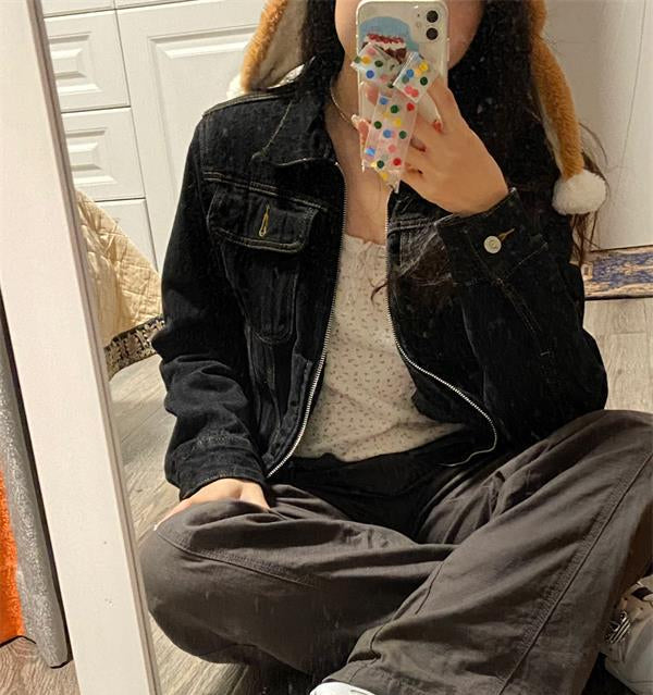 Black Denim Turn Down Collar Jacket