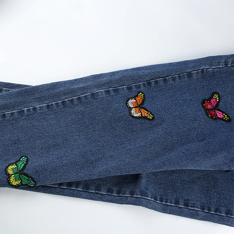 Butterfly Embroidery High Waist Denim Jeans