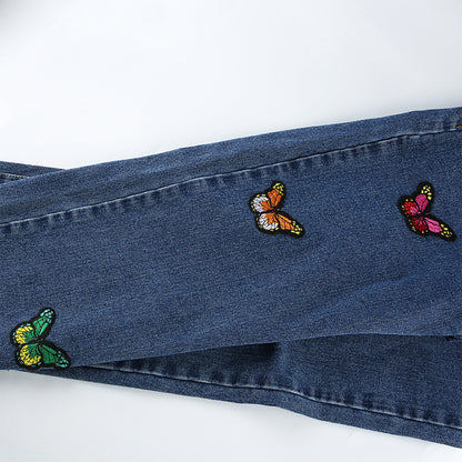 Butterfly Embroidery High Waist Denim Jeans