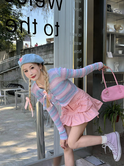 Rainbow Striped V Neck Cropped Cardigan