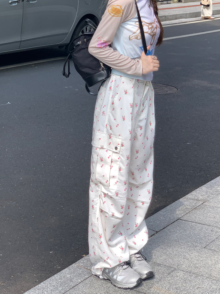 Floral Print Drawstring High Waist Pants