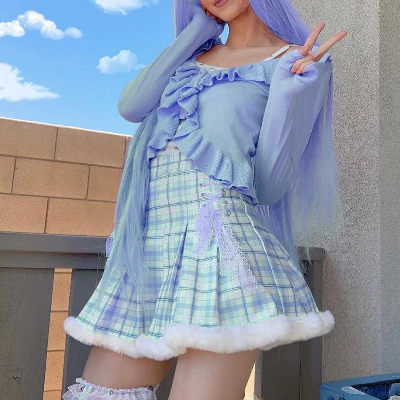 Cute Pink Plaid Feather Lace Up Pleated High Waist A-line Mini Skirt Summer Aesthetic Casual E-Girl Kawaii Korean Japanese Harajuku