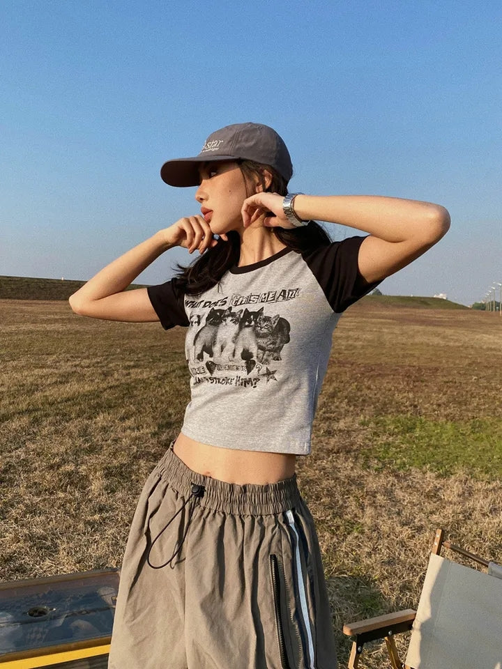 Cat Print Crop Short Sleeve T-shirt