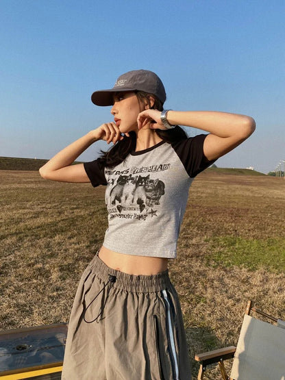 Cat Print Crop Short Sleeve T-shirt