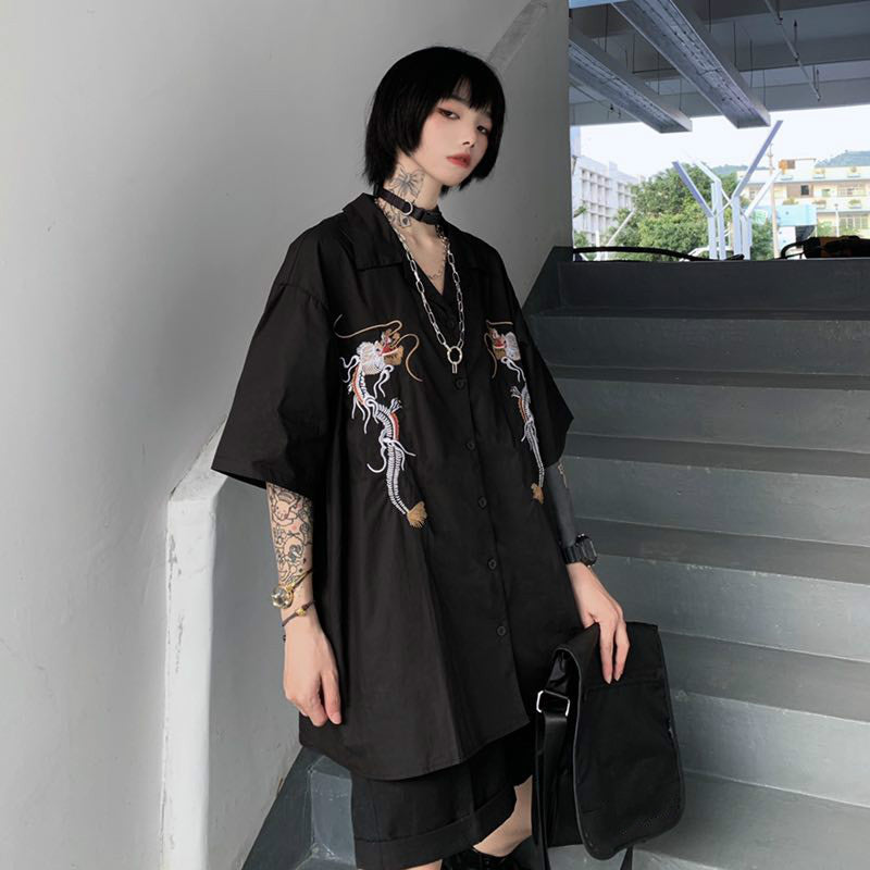 Dragon Embroidery Vintage Black Blouse Button Down Casual Loose Short Sleeve Tee Shirt T-shirt Top E-Girl Kawaii Korean Japanese Harajuku Streetwear