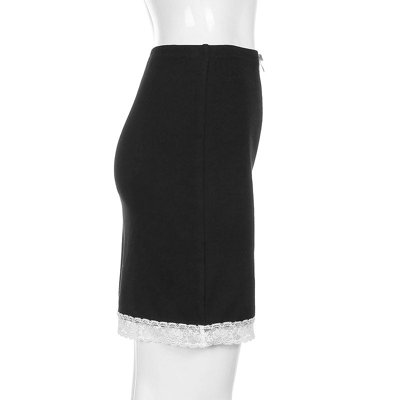 Cute Sexy 90s Vintage Sweet Bow Lace Trim Solid Black High Waisted Mini Skirt Bottoms Aesthetic Goth E-Girl Kawaii Korean Japanese Harajuku Streetwear