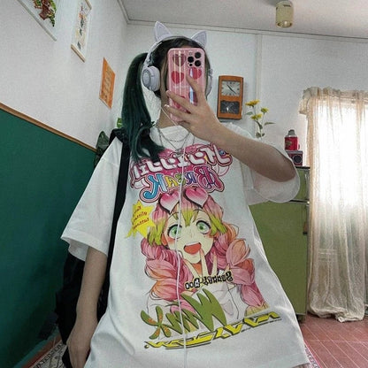 Cute Anime Girl Cartoon Graphic Print Retro Vintage White Oversize T- Shirt Top Aesthetic Casual Summer E-Girl Kawaii Korean Japanese Harajuku