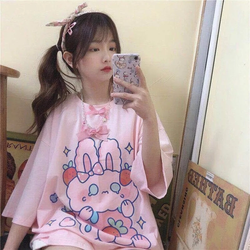 Cute Pastel Pink Sweet Rabbit Crying Strawberry Print Oversized Short Sleeve Shirt Aesthetic Casual E-Girl Kawaii Korean Japanese Harajuku