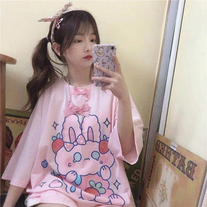 Cute Pastel Pink Sweet Rabbit Crying Strawberry Print Oversized Short Sleeve Shirt Aesthetic Casual E-Girl Kawaii Korean Japanese Harajuku