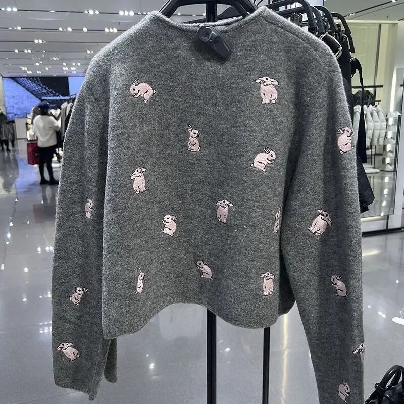 Grey Rabbit Embroidery Knit Cardigan