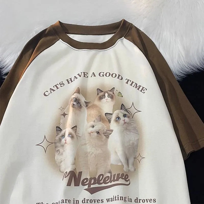 Graphic Cat Print Short Sleeve T-shirt