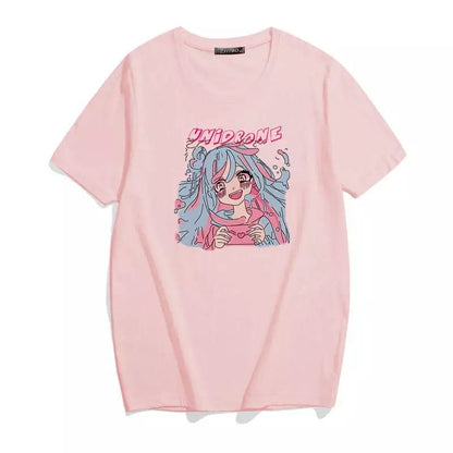 Cute Sweet Vintage Pastel Pink Anime Girl Cartoon Print Short Sleeve Shirt Loose T-shirt Top E-Girl Kawaii Korean Japanese Harajuku Streetwear