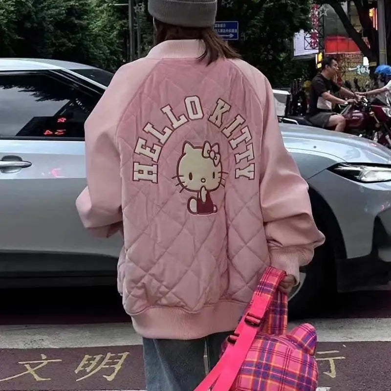 PU Cat Embroidery Thick Baseball Jacket