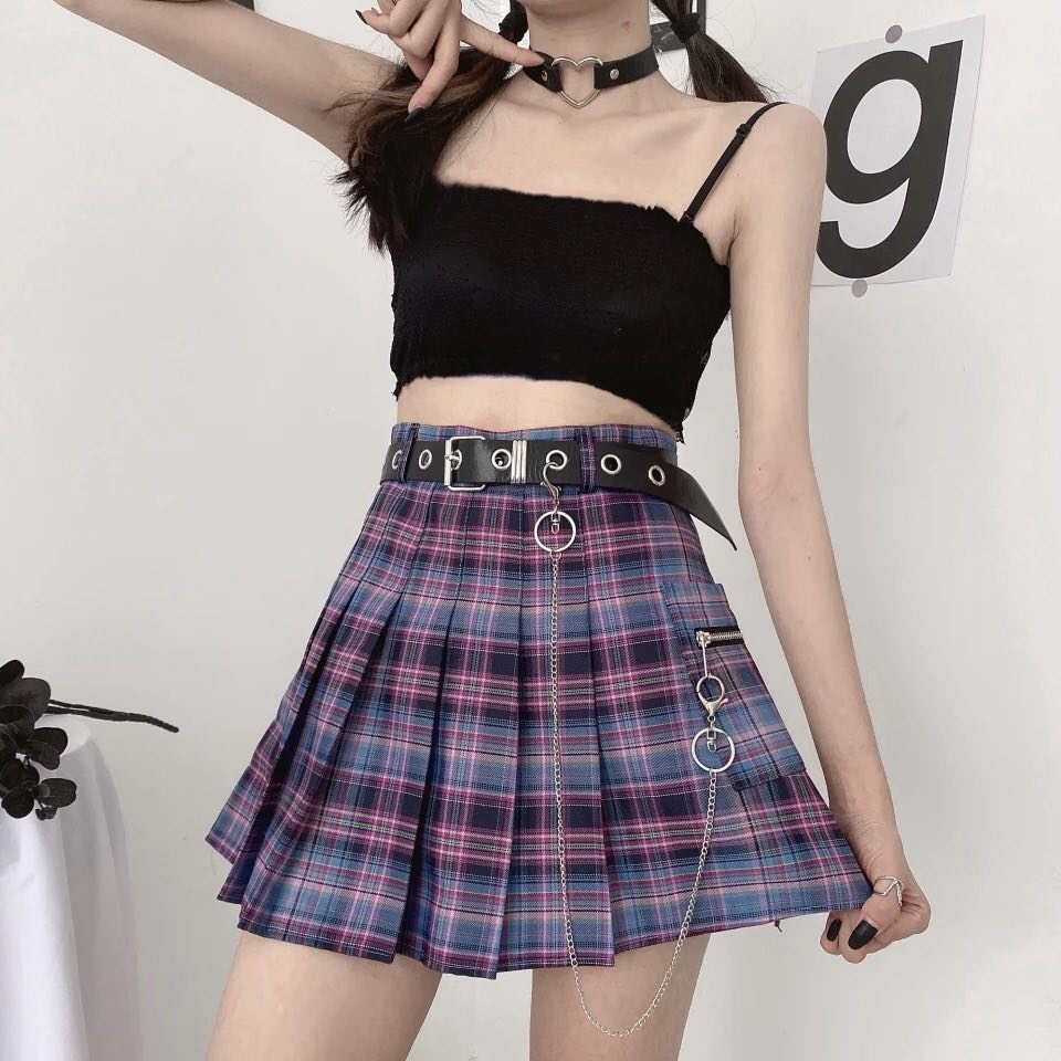 Cute Vintage Plaid Belt Chain High Waisted Mini Skirt School Uniform Tennis A-line Goth Punk Club E-Girl Kawaii Korean Japanese Harajuku Streetwear