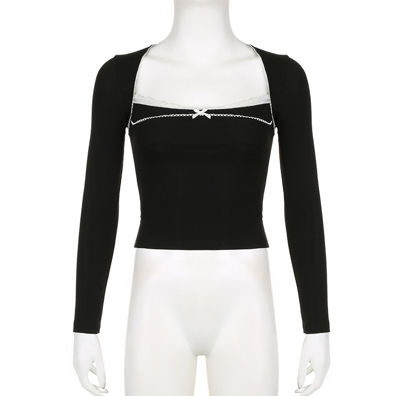 Black Bow Square Collar Long Sleeve Shirt
