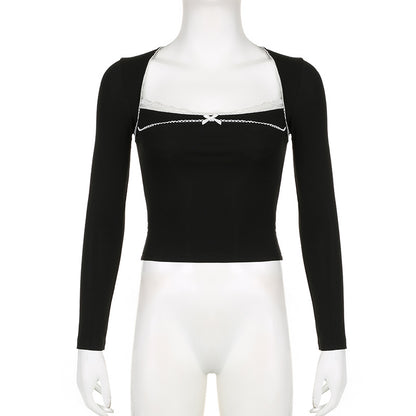 Black Bow Square Collar Long Sleeve Shirt